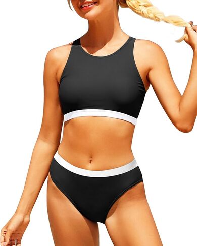 Yonique Sporty Bikini Athletic Bikini Swimsuit for Women Two Piece Bathing Suit for Teen Juniors High Neck Swimwear in Saudi Arabia
