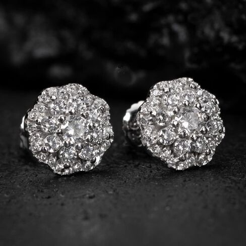 White Gold 925 Sterling Silver Iced Cz Flower Cluster Hip Hop Screw Back Stud Earrings in Saudi Arabia