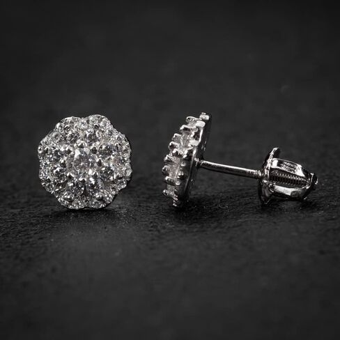 White Gold 925 Sterling Silver Iced Cz Flower Cluster Hip Hop Screw Back Stud Earrings in Saudi Arabia