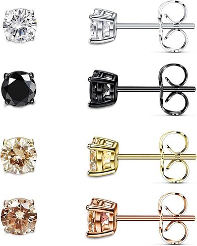 4 ازواج من الاقراط المرصعة من الستانلس ستيل الجراحي للنساء والرجال، اقراط ثقب الاذن 3/4/5/6/7 ملم مرصعة بالزركونيا المكعب، اقراط خالية من النيكل ومضادة للحساسية (4 الوان) in Kuwait