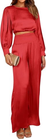 Dowerme المرأة قطعتين ملابس الساتان عادية Crewneck نفخة كم طويل المحاصيل القمم طويلة واسعة الساق بالازو بانت مجموعات 2023 in Kuwait