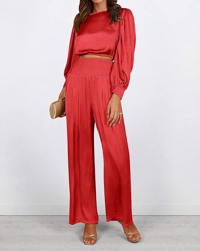 Dowerme المرأة قطعتين ملابس الساتان عادية Crewneck نفخة كم طويل المحاصيل القمم طويلة واسعة الساق بالازو بانت مجموعات 2023 in Kuwait