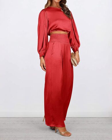 Dowerme المرأة قطعتين ملابس الساتان عادية Crewneck نفخة كم طويل المحاصيل القمم طويلة واسعة الساق بالازو بانت مجموعات 2023 in Kuwait