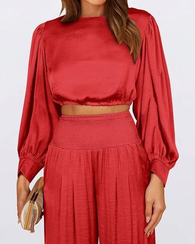 Dowerme المرأة قطعتين ملابس الساتان عادية Crewneck نفخة كم طويل المحاصيل القمم طويلة واسعة الساق بالازو بانت مجموعات 2023 in Kuwait