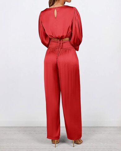 Dowerme المرأة قطعتين ملابس الساتان عادية Crewneck نفخة كم طويل المحاصيل القمم طويلة واسعة الساق بالازو بانت مجموعات 2023 in Kuwait