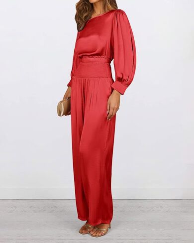 Dowerme المرأة قطعتين ملابس الساتان عادية Crewneck نفخة كم طويل المحاصيل القمم طويلة واسعة الساق بالازو بانت مجموعات 2023 in Kuwait