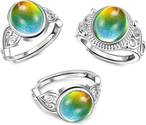 ادراماتا 3 قطع خواتم مزاجية للنساء مطلية بالذهب الابيض عيار 18 قيراط خواتم عقدة سلتيك خواتم سوليتير بيضاوية مصنوعة يدويا قابلة للتعديل التحكم في درجة الحرارة خواتم تغيير اللون المزاج، حجر المزاج in Kuwait