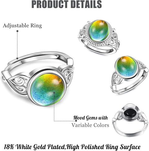 ادراماتا 3 قطع خواتم مزاجية للنساء مطلية بالذهب الابيض عيار 18 قيراط خواتم عقدة سلتيك خواتم سوليتير بيضاوية مصنوعة يدويا قابلة للتعديل التحكم في درجة الحرارة خواتم تغيير اللون المزاج، حجر المزاج in Kuwait