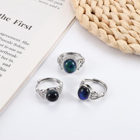 ادراماتا 3 قطع خواتم مزاجية للنساء مطلية بالذهب الابيض عيار 18 قيراط خواتم عقدة سلتيك خواتم سوليتير بيضاوية مصنوعة يدويا قابلة للتعديل التحكم في درجة الحرارة خواتم تغيير اللون المزاج، حجر المزاج in Kuwait