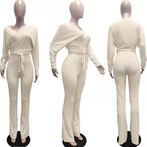 Remelon إمرأة خريف ضلع متماسكة 2 قطعة ملابس الخامس الرقبة التفاف عقدة المحاصيل الأعلى Bodycon بنطال ذو قصة أرجل واسعة ركض مجموعة Sweatsuits in Kuwait