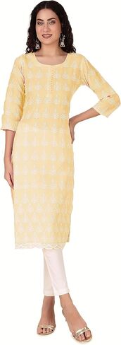 بلوزة نسائية من ladyline مصنوعة من القطن Chikankari Kurti - سترة كورتا مطرزة على طراز لكنوي، رقبة دائرية، 3/4 كم كاجوال عرقي in Kuwait