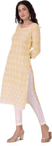بلوزة نسائية من ladyline مصنوعة من القطن Chikankari Kurti - سترة كورتا مطرزة على طراز لكنوي، رقبة دائرية، 3/4 كم كاجوال عرقي in Kuwait