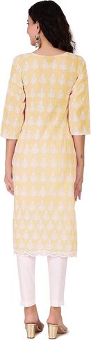 بلوزة نسائية من ladyline مصنوعة من القطن Chikankari Kurti - سترة كورتا مطرزة على طراز لكنوي، رقبة دائرية، 3/4 كم كاجوال عرقي in Kuwait