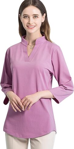 Tie G U Style Women's 3/4 Sleeve V Neck Stretch Loose Tunic Tops Casual Cotton Blouse Henley Collared Breathable Work Shirt in Kuwait