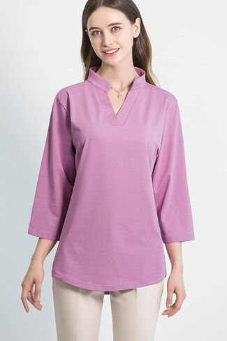 Tie G U Style Women's 3/4 Sleeve V Neck Stretch Loose Tunic Tops Casual Cotton Blouse Henley Collared Breathable Work Shirt in Kuwait