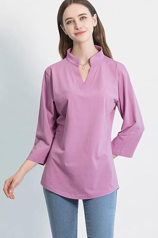 Tie G U Style Women's 3/4 Sleeve V Neck Stretch Loose Tunic Tops Casual Cotton Blouse Henley Collared Breathable Work Shirt in Kuwait