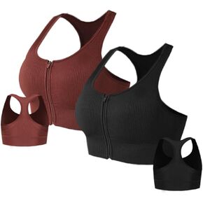 Women Sports Yoga Bras Stretchy Gym Work Out Sets Padded Seamless Knit Crop Tops Activewear (2 Pack)