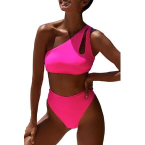 Women One Shoulder Bikini High Waisted Cutout Crop Top Swimsuit Sports Two Piece Padded Push Up High Cut Bathing Suit