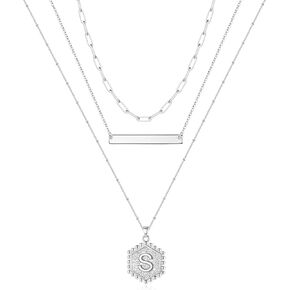 Turandoss Silver Layered Initial Necklaces for Women, 14K White Gold Plated Paperclip Chain Necklace Hexagon Letter Pendant Initial Layered Silver Necklace for Women Jewelry Gifts