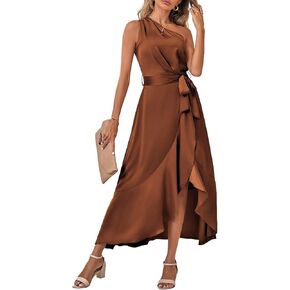 Vrtige Women's Satin One Shoulder Tie Waist Sleeveless Wrap Ruffle Hem Cocktail Midi Dress