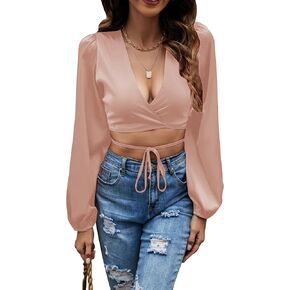 LYANER Women's Satin Wrap V Neck Criss Cross Tie Long Sleeve Crop Blouse Top