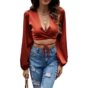 LYANER Women's Satin Wrap V Neck Criss Cross Tie Long Sleeve Crop Blouse Top