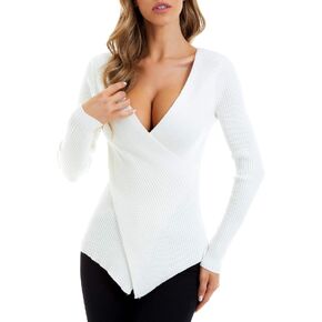 QUALFORT Women's Sexy V-Neck Sweater Knit Wrap Slim Fit Pullover Top
