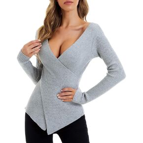 QUALFORT Women's Sexy V-Neck Sweater Knit Wrap Slim Fit Pullover Top in Kuwait