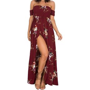 SVALIY Women Floral Off The Shoulder Split Chiffon Maxi Beach Dresses Wedding Party