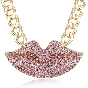 Wellotus Women's Statement Crystal Lip Necklace Lovely Alloy Lip Costume Necklace Chunky Chain Choker Necklace Lip Shape Cocktail Jewelry
