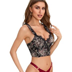 Floerns Women's Floral Embroidery Contrast Lace Trim Bustier Corset Cami Crop Tank Tops
