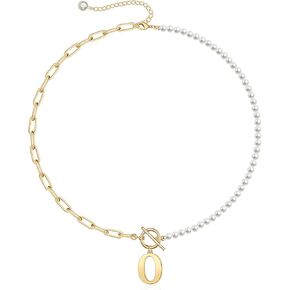Pearl Initial Necklaces for Women Trendy, 14k Gold Plated Dainty Simulated Shell Pearl Initial Necklace Paperclip Chain Toggle Clasp Initial Pendant Necklaces Gold Jewelry Gifts for Women Teen Girls