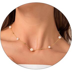 foyjoey Dainty Pearl Choker Necklace Adjustable Handmade Gold Pearl Beaded Chain Necklace for Women Bridesmaid Wedding Jewelry Gifts in Kuwait