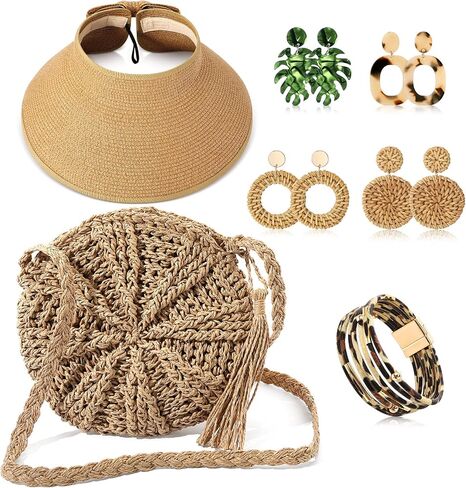 Hicarer 7 Pieces Straw Purses for Women Beach Purse Earrings Jewelry Set Straw Purse Beach Hats with 4 Tropical Earrings Bracelet for Summer Beach Vacation Travel Boho Accessories in Saudi Arabia