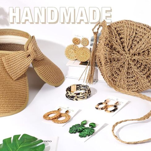 Hicarer 7 Pieces Straw Purses for Women Beach Purse Earrings Jewelry Set Straw Purse Beach Hats with 4 Tropical Earrings Bracelet for Summer Beach Vacation Travel Boho Accessories in Saudi Arabia