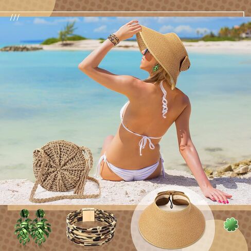 Hicarer 7 Pieces Straw Purses for Women Beach Purse Earrings Jewelry Set Straw Purse Beach Hats with 4 Tropical Earrings Bracelet for Summer Beach Vacation Travel Boho Accessories in Saudi Arabia