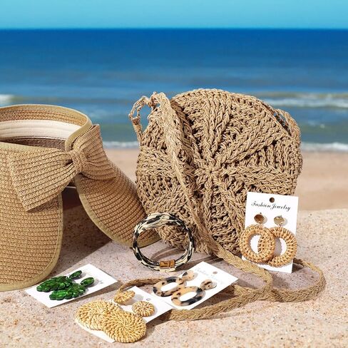 Hicarer 7 Pieces Straw Purses for Women Beach Purse Earrings Jewelry Set Straw Purse Beach Hats with 4 Tropical Earrings Bracelet for Summer Beach Vacation Travel Boho Accessories in Saudi Arabia
