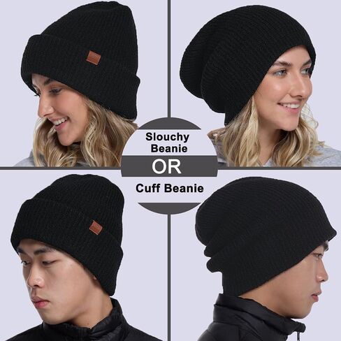 Slouchy and Cuffed Beanie for Women Men, Double Layer Soft Warm Winter Knit Hat Skull Cap in Kuwait