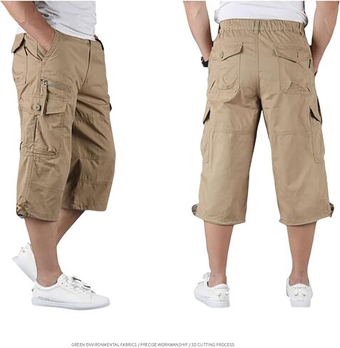 شورت كابري كارجو للرجال، شورت عسكري تكتيكي للمشي لمسافات طويلة، مقاس مريح تحت الركبة، 3/4 شورت كارجو مع جيوب متعددة in Kuwait