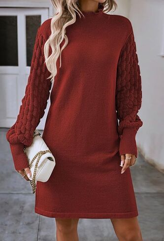 Sovoyontee Women's 2023 Fall Long Sleeve Mock Neck Sweater Dress Casual Loose Ribbed Knit Mini Short Pullover Dresses in Kuwait