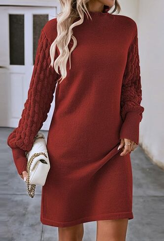Sovoyontee Women's 2023 Fall Long Sleeve Mock Neck Sweater Dress Casual Loose Ribbed Knit Mini Short Pullover Dresses in Kuwait