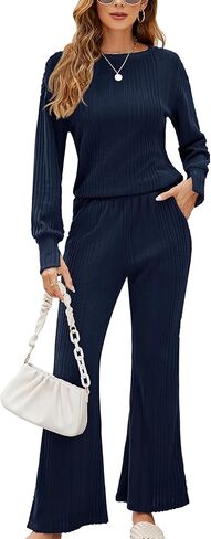 KTILG المرأة الخريف 2 قطعة منامة مضلع متماسكة قارب الرقبة صالة مجموعات طويلة الأكمام مطابقة Sweatsuits S-XXL in Kuwait