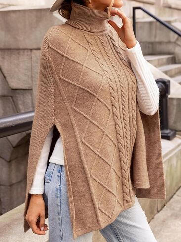 CUPSHE Women Poncho Cable Knit Turtleneck Ribbed Trim Half Sleeves Sweater in Saudi Arabia
