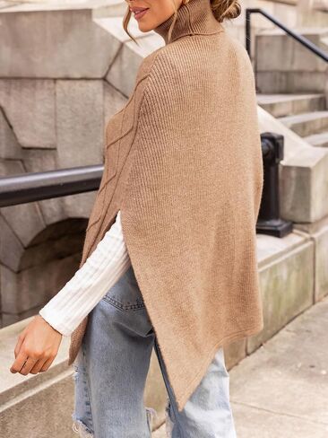 CUPSHE Women Poncho Cable Knit Turtleneck Ribbed Trim Half Sleeves Sweater in Saudi Arabia
