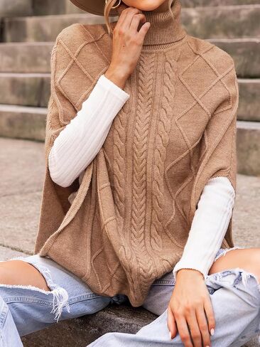 CUPSHE Women Poncho Cable Knit Turtleneck Ribbed Trim Half Sleeves Sweater in Saudi Arabia
