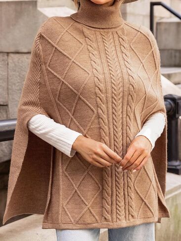 CUPSHE Women Poncho Cable Knit Turtleneck Ribbed Trim Half Sleeves Sweater in Saudi Arabia