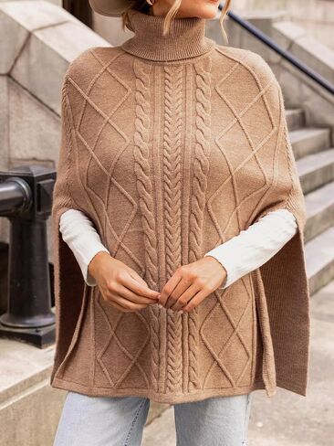 CUPSHE Women Poncho Cable Knit Turtleneck Ribbed Trim Half Sleeves Sweater in Saudi Arabia