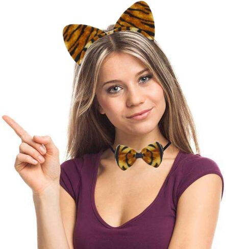 CBLUO Halloween Cat Ears Headband Kitty Bow Tie Tail Women Cat Hair Hoops Kitten Hair Bands Headpiece Hairband Christmas Birthday Party Decoration Cosplay Costume Handmade Hair Accessories Tiger in Kuwait