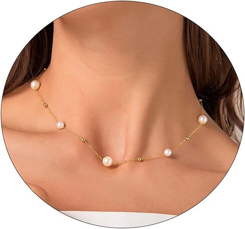 foyjoey Dainty Pearl Choker Necklace Adjustable Handmade Gold Pearl Beaded Chain Necklace for Women Bridesmaid Wedding Jewelry Gifts in Kuwait