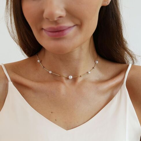 foyjoey Dainty Pearl Choker Necklace Adjustable Handmade Gold Pearl Beaded Chain Necklace for Women Bridesmaid Wedding Jewelry Gifts in Kuwait